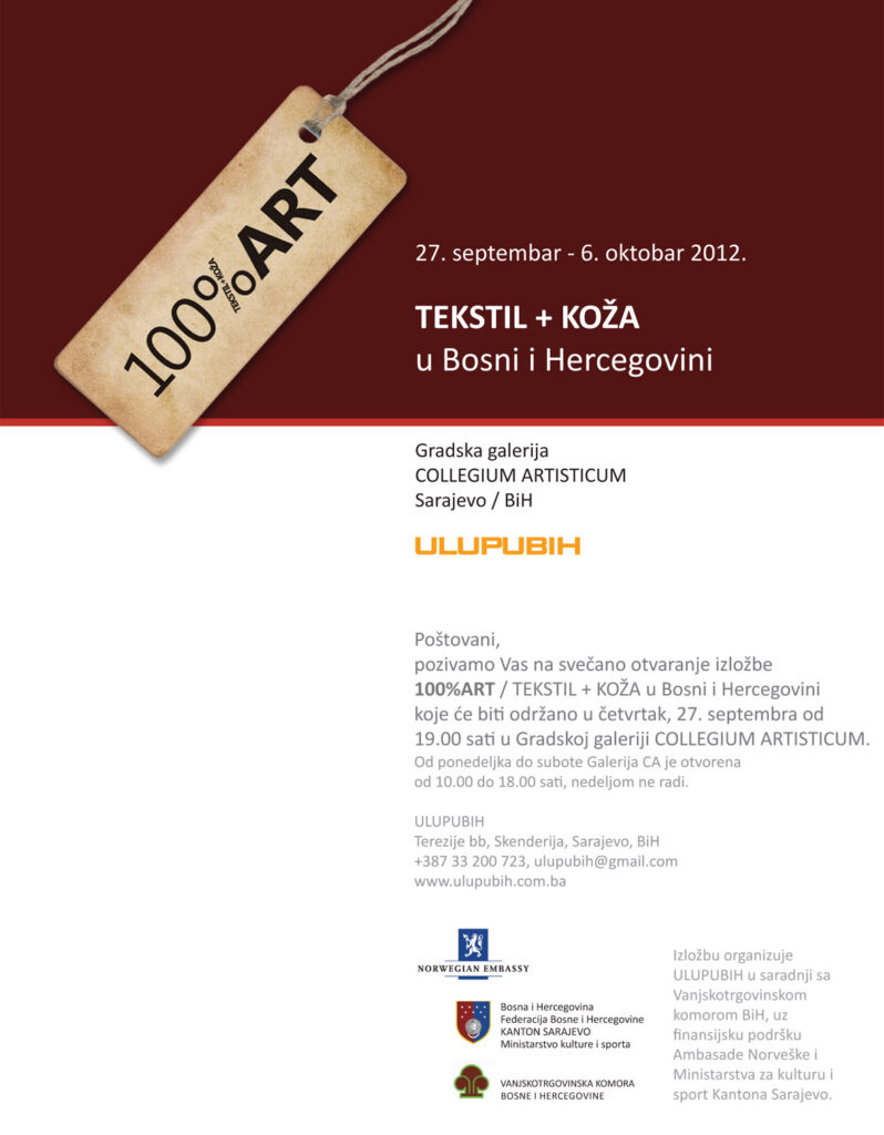 Katalog izložbe „100% ART“ održane 2012. godine u Gradskoj galeriji Collegium Artisticum u Sarajevu.