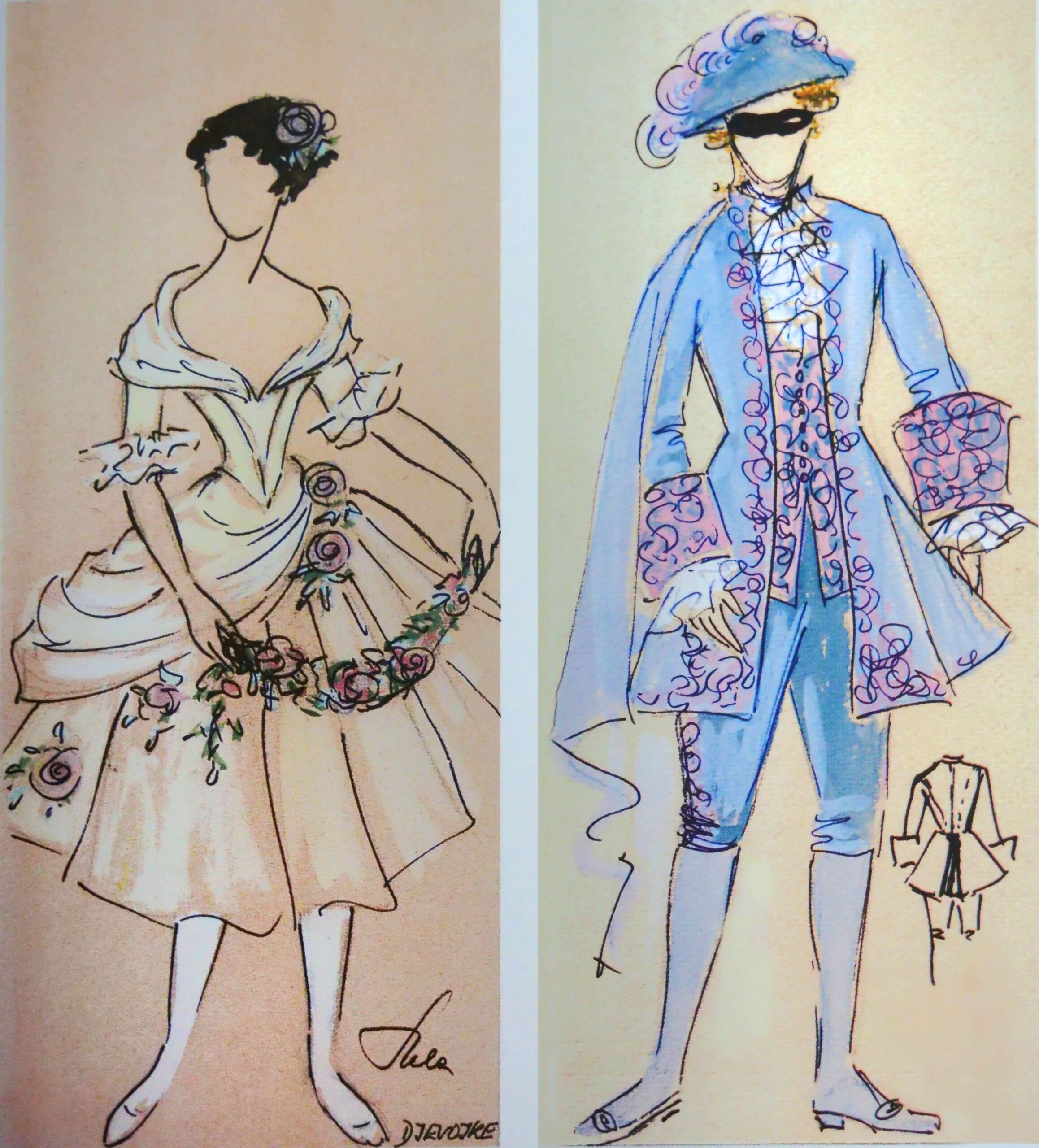 Ilustracije kostima Helene Kojović-Volfrat za predstavu „Figarova ženidba“.