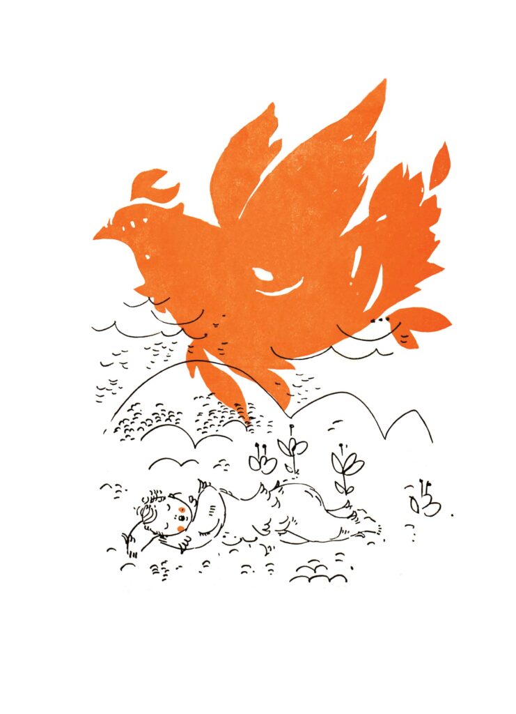 Ilustracija velikog pticolikog bića i dječaka koji leži na zemlji, autor Željko Marjanović, za knjigu Šukrije Pandže.