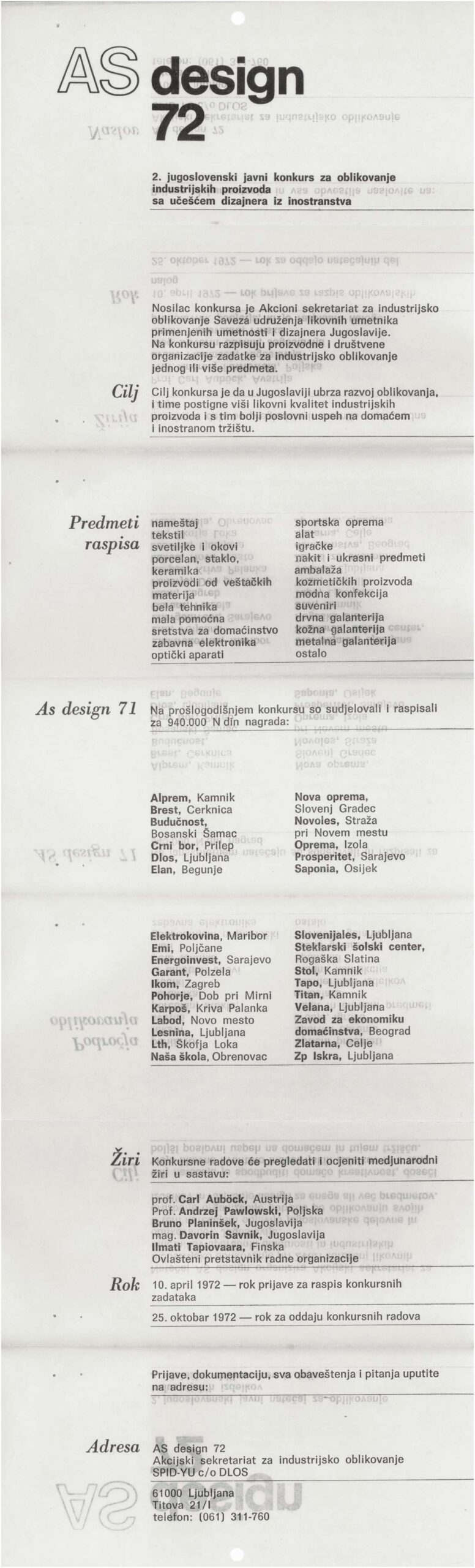 Dokument konkursa „AS dizajn 72“ iz arhive ULUPUBIH-a, 1972. godina