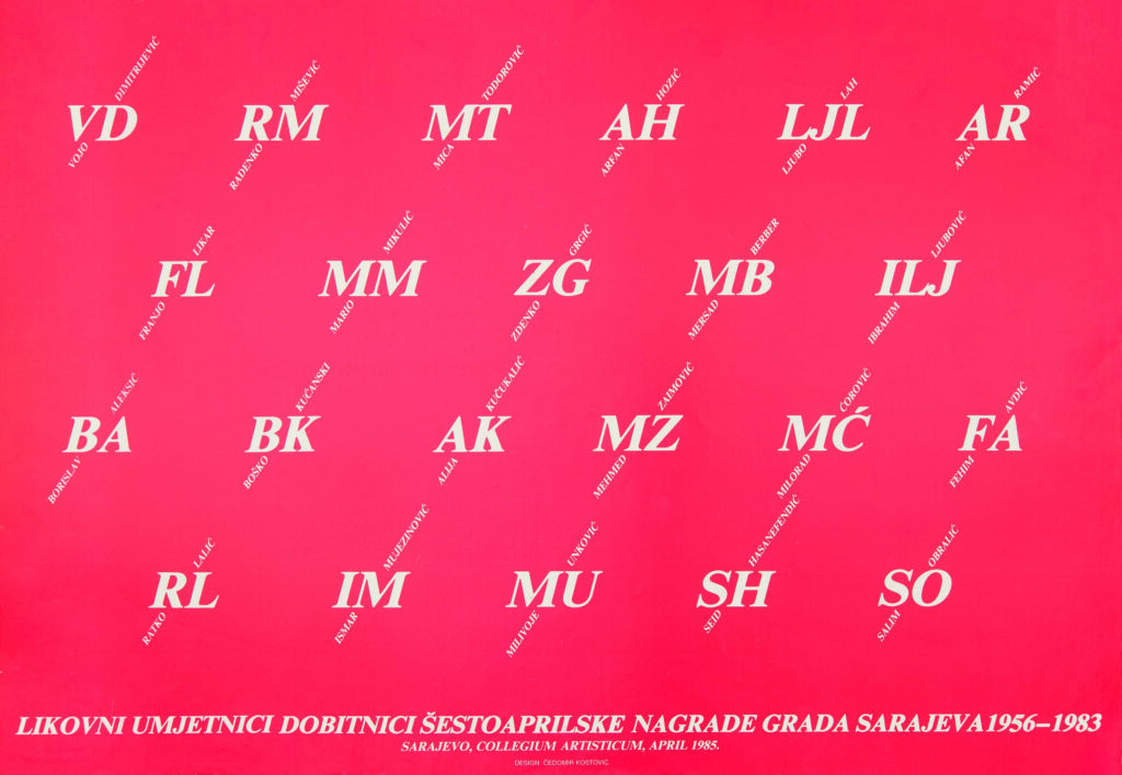 Plakat izložbe likovnih umjetnika dobitnika Šestoaprilske nagrade Grada Sarajeva (1956–1983), Collegium Artisticum, april 1985.