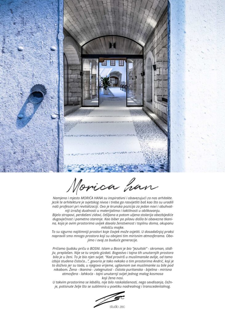 Enterijerski projekat “Morića han”, arhitektonske vizualizacije i skice, autor Amir Vuk Zec / Studio Zec d.o.o., nagrađen na Collegium Artisticum 2021 u kategoriji Enterijer.