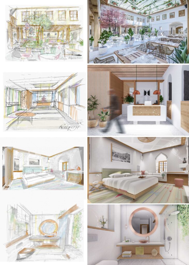 Enterijerski projekat “Morića han”, arhitektonske vizualizacije i skice, autor Amir Vuk Zec / Studio Zec d.o.o., nagrađen na Collegium Artisticum 2021 u kategoriji Enterijer.