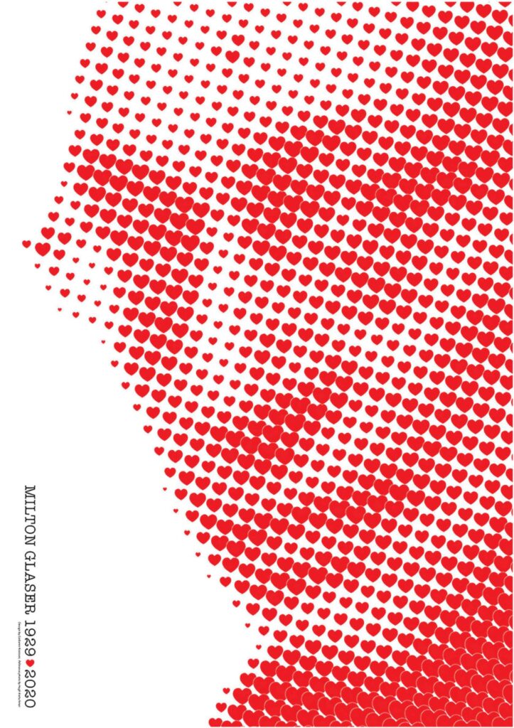 Plakat “We love M.G.” Čedomira Kostovića, Grand Prix Collegium Artisticum 2022. Silueta lica izvedena od crvenih srcolikih piktograma na bijeloj pozadini.