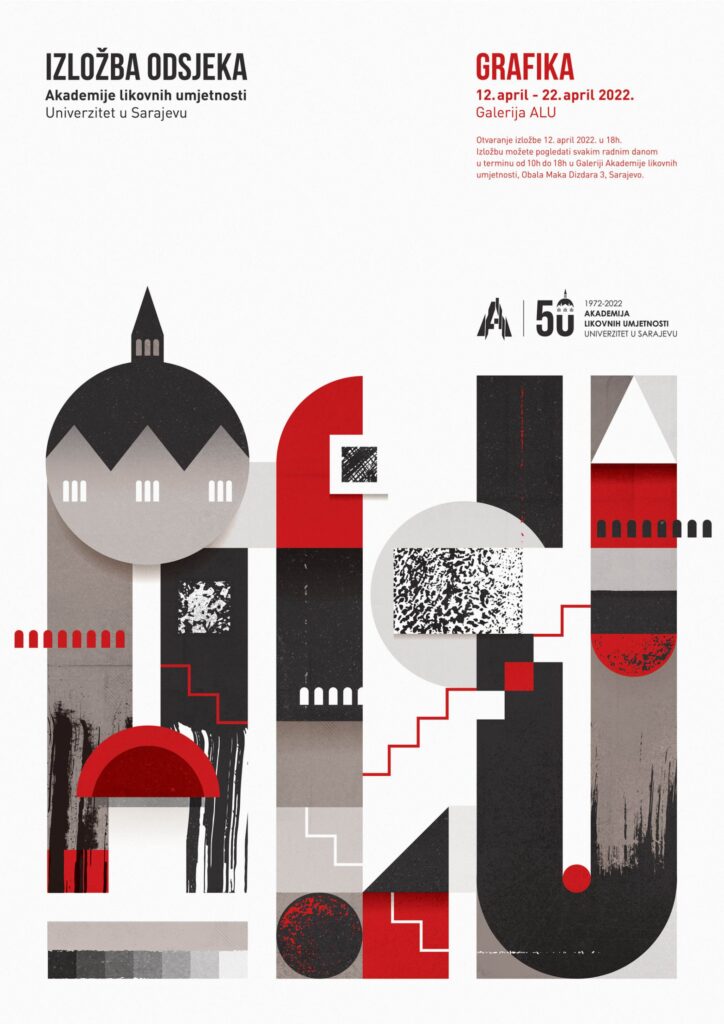 Plakat za izložbu odsjeka Grafika ALU Sarajevo, dizajn Vanesa Prodanović Durmišević, nagrada u kategoriji grafičkog dizajna 2022.